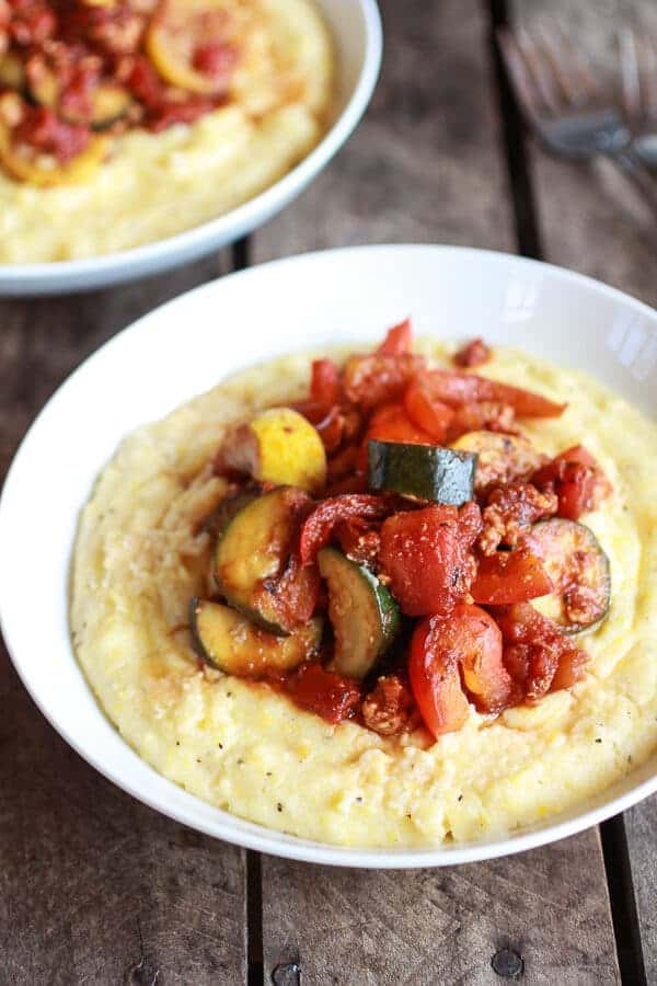 Ratatouille with Spicy Italian Chicken Sausage and Creamy Polenta | halfbakedharvest.com