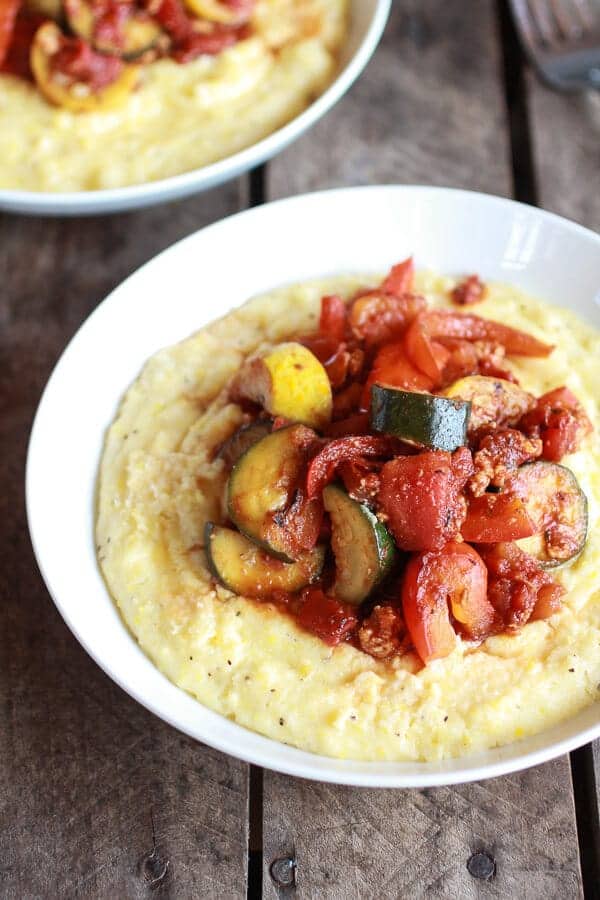 Ratatouille with Spicy Italian Chicken Sausage and Creamy Polenta | halfbakedharvest.com