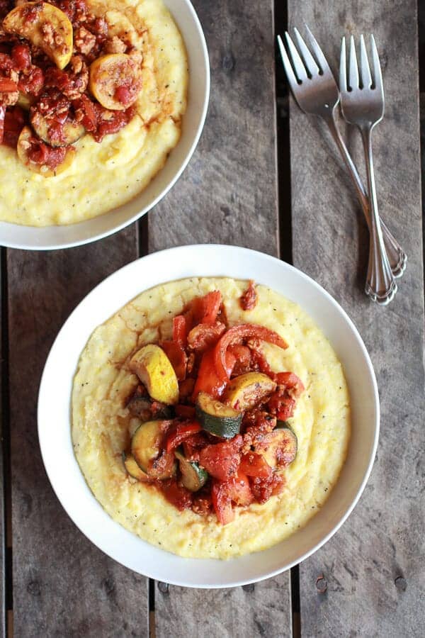 Ratatouille with Spicy Italian Chicken Sausage and Creamy Polenta | halfbakedharvest.com