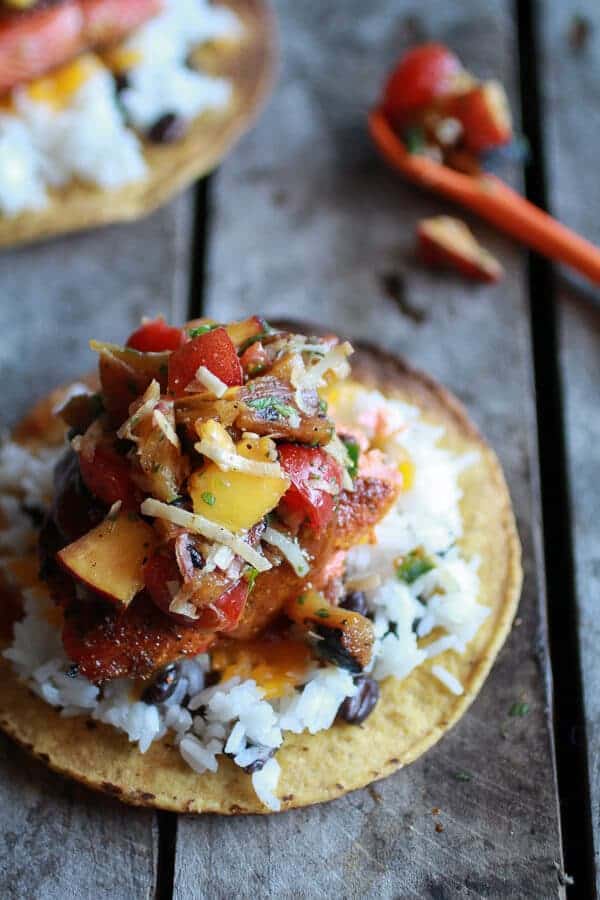 Caribbean Jerk Salmon Tostadas with Grilled Pineapple Peach Coconut Salsa | halfbakedharvest.com