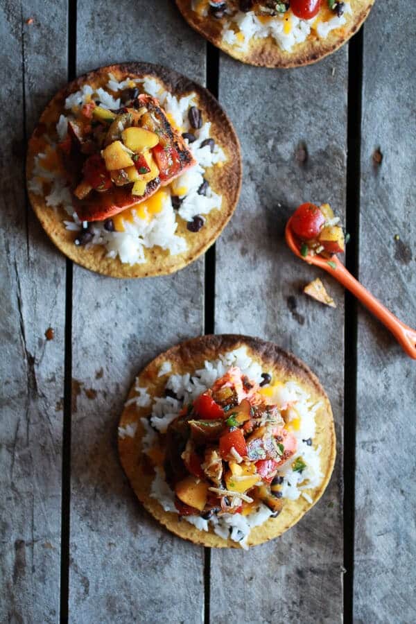 Caribbean Jerk Salmon Tostadas with Grilled Pineapple Peach Coconut Salsa | halfbakedharvest.com