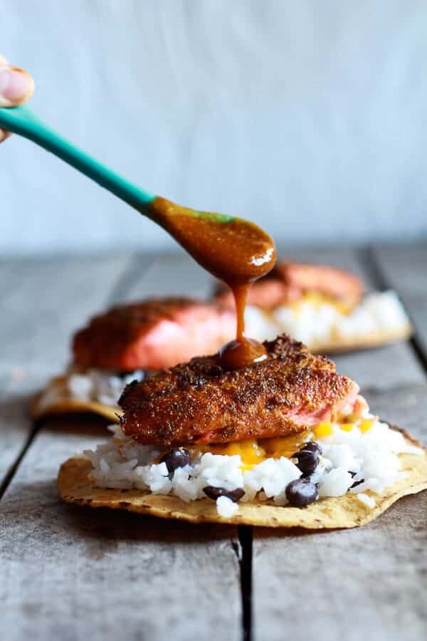 Caribbean Jerk Salmon Tostadas with Grilled Pineapple Peach Coconut Salsa | halfbakedharvest.com