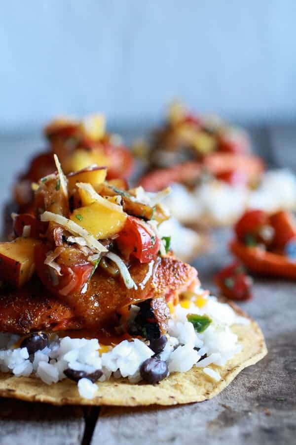 Caribbean Jerk Salmon Tostadas with Grilled Pineapple Peach Coconut Salsa | halfbakedharvest.com