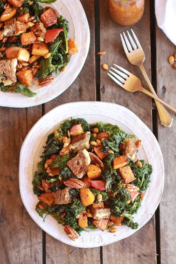 Crispy Kale Roasted Autumn Salad with Brie Grilled Cheese Croutons | halfbakedharvest.com