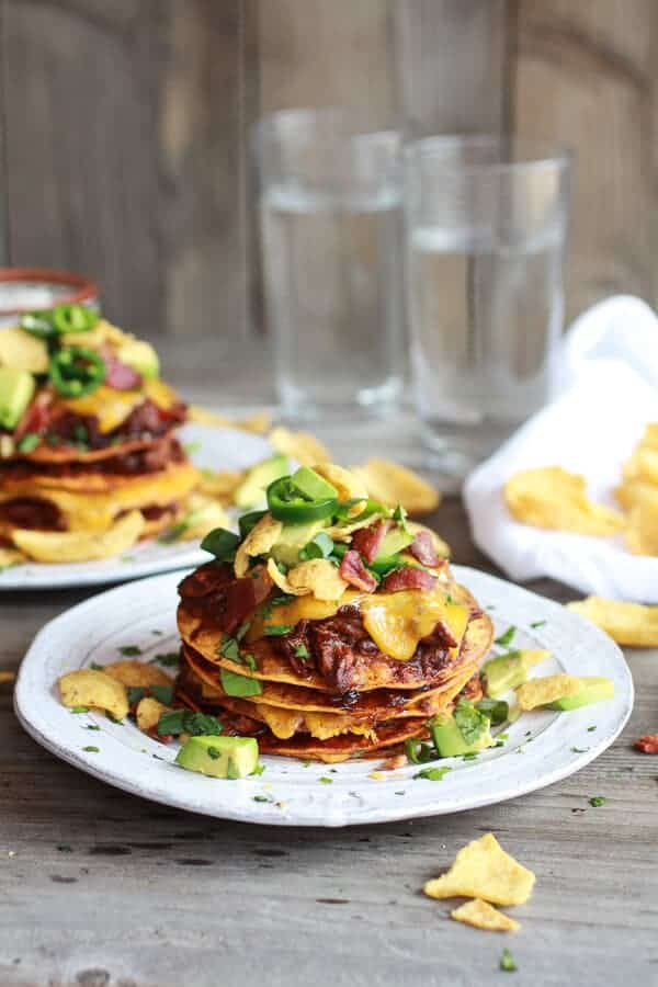 Crockpot Chicken Chili Con Carne Loaded Tostada Stacks | halfbakedharvest.com