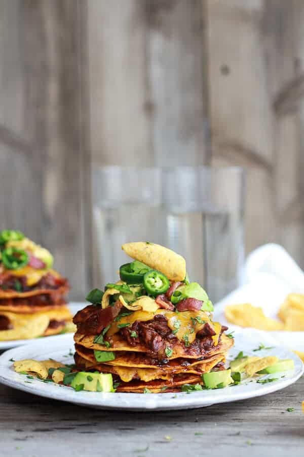 Crockpot Chicken Chili Con Carne Loaded Tostada Stacks | halfbakedharvest.com