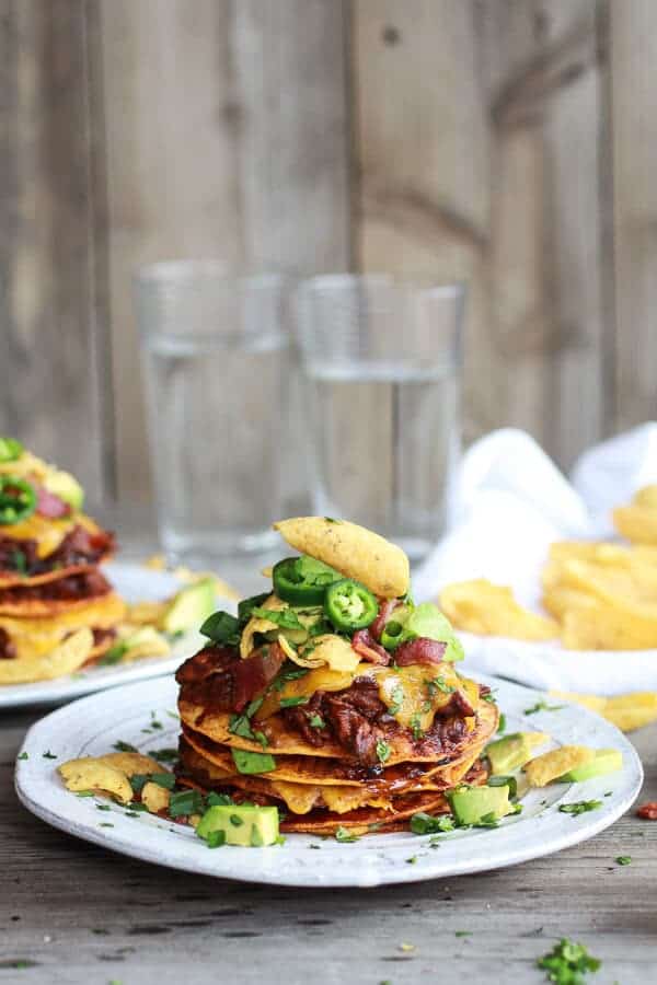 Crockpot Chicken Chili Con Carne Loaded Tostada Stacks | halfbakedharvest.com
