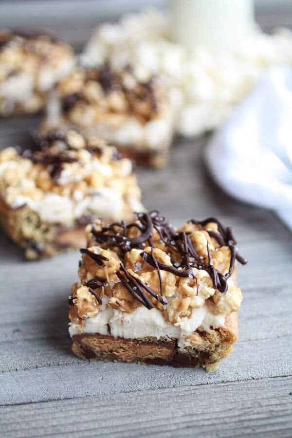 Peanut Butter Cup Cookies & Cream Salted Caramel Popcorn Bars | halfbakedharvest.com