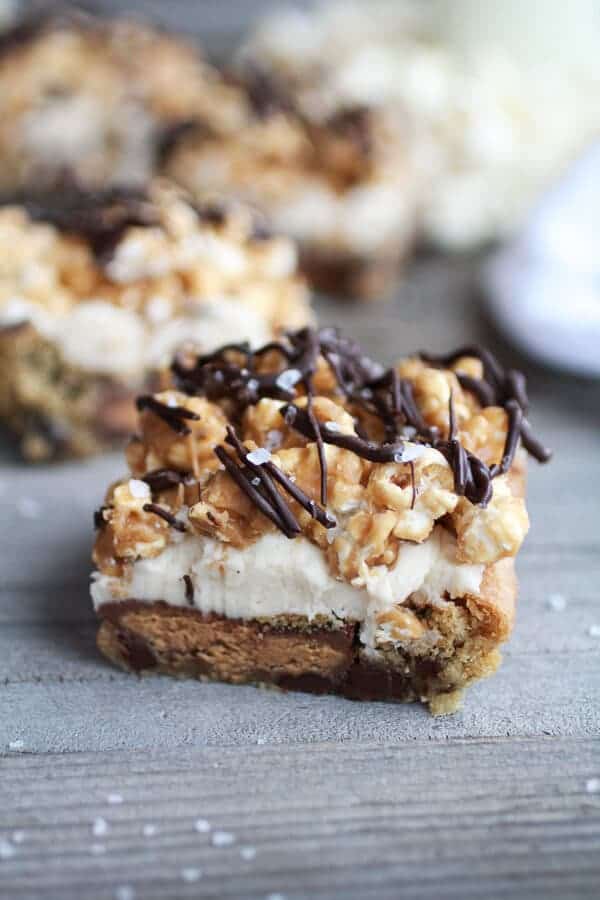 Peanut Butter Cup Cookies & Cream Salted Caramel Popcorn Bars | halfbakedharvest.com