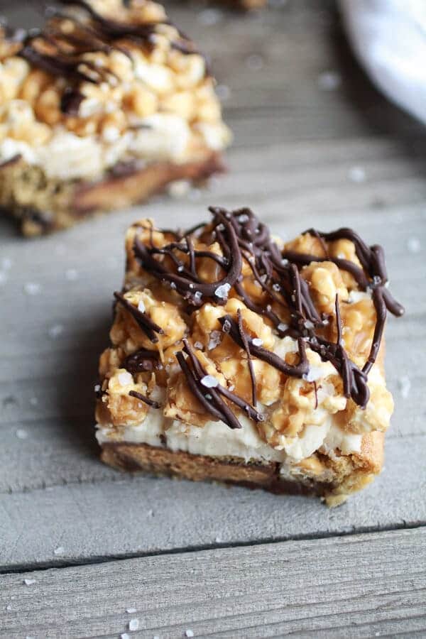 Peanut Butter Cup Cookies & Cream Salted Caramel Popcorn Bars | halfbakedharvest.com