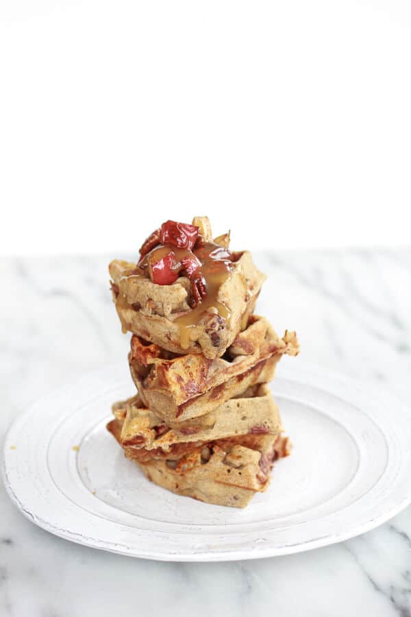 Roasted Apple Pecan and Brie Buckwheat Waffles with Bourbon Caramel Drizzle | halfbakedharvest.com