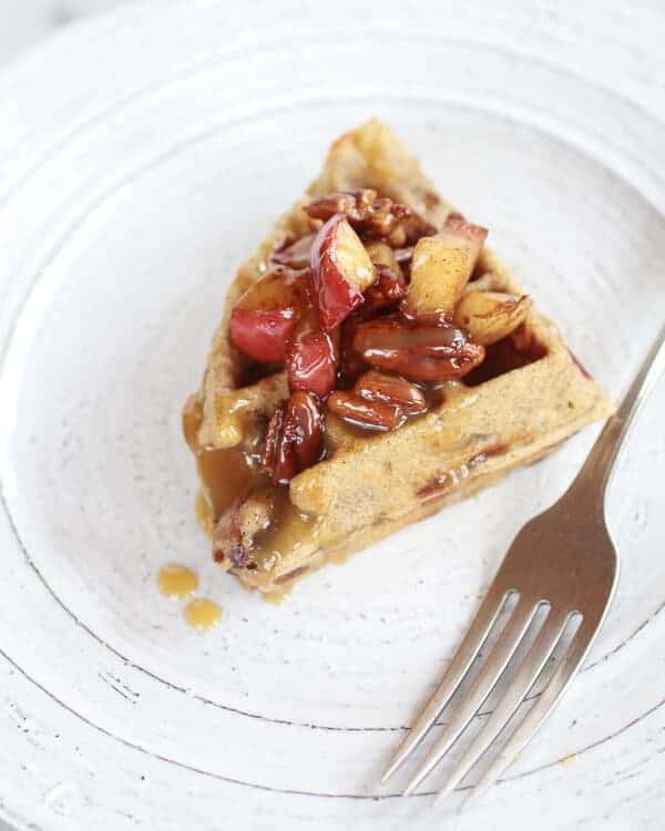 Roasted Apple Pecan and Brie Buckwheat Waffles with Bourbon Caramel Drizzle | halfbakedharvest.com