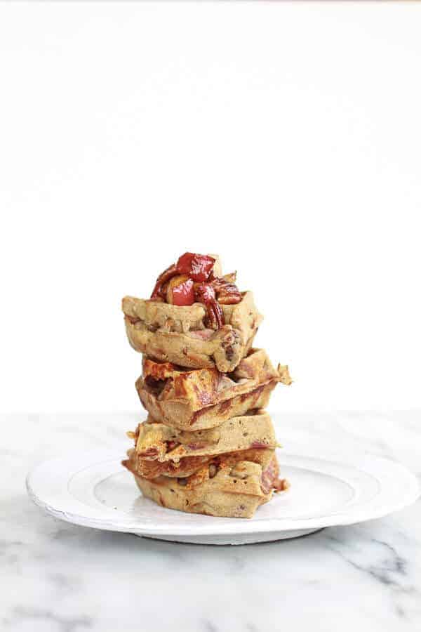 Roasted Apple Pecan and Brie Buckwheat Waffles with Bourbon Caramel Drizzle | halfbakedharvest.com