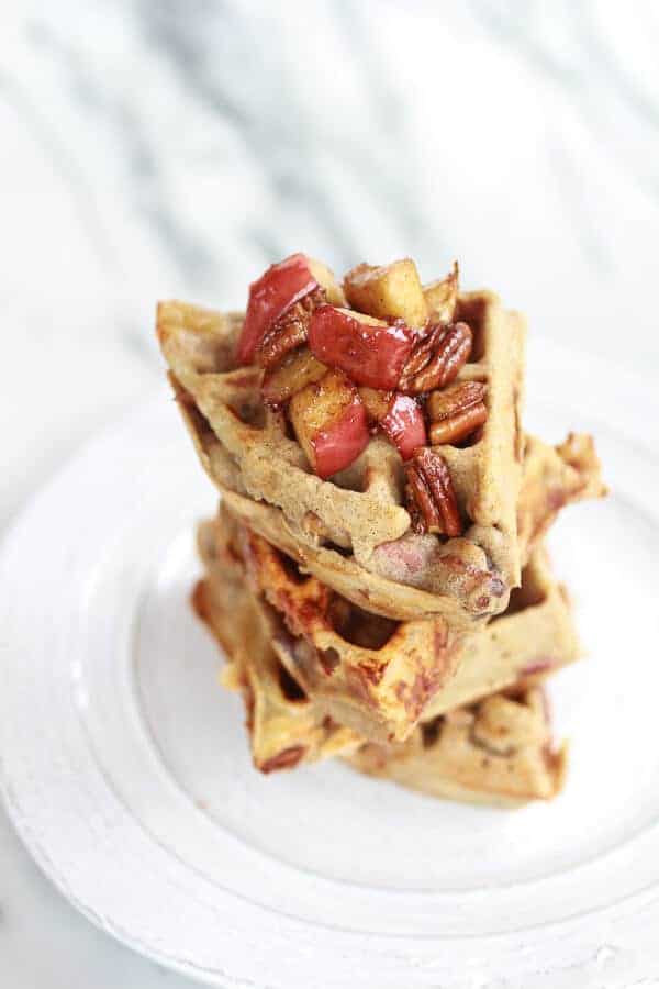 Roasted Apple Pecan and Brie Buckwheat Waffles with Bourbon Caramel Drizzle | halfbakedharvest.com