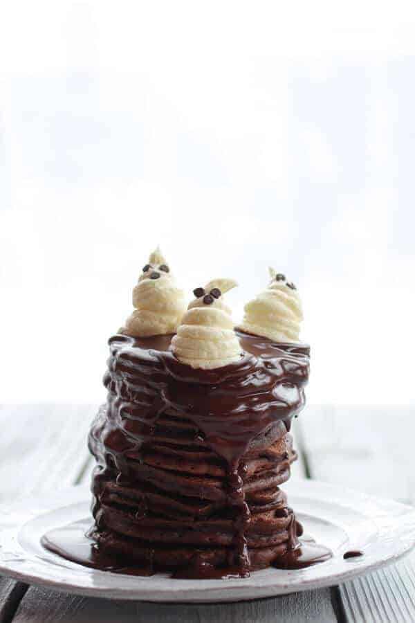 Chocolate Lovers Pumpkin Fudge Brownie Pancakes with Chocolate Kahlua Sauce | halfbakedharvest.com 