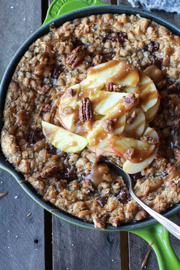 Oatmeal Chocolate Chunk Salted Coffee Caramel Apple Skillet Cookie | .halfbakedharvest.com