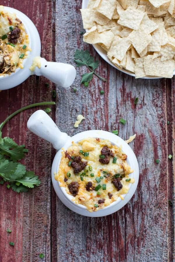 Cheesy Fontina Chorizo + Caramelized Onion and Artichoke Dip | halfbakedharvest.com