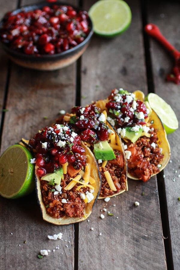 Chipotle Quinoa Sweet Potato Tacos with Roasted Cranberry Pomegranate Salsa | halfbakedharvest.com