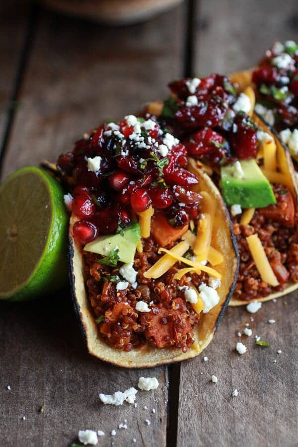 Chipotle Quinoa Sweet Potato Tacos with Roasted Cranberry Pomegranate Salsa | halfbakedharvest.com