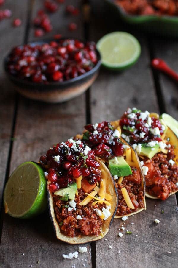 Chipotle Quinoa Sweet Potato Tacos with Roasted Cranberry Pomegranate Salsa | halfbakedharvest.com