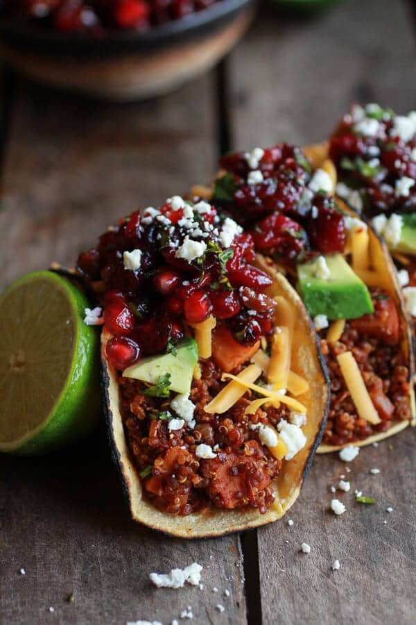 Chipotle Quinoa Sweet Potato Tacos with Roasted Cranberry Pomegranate Salsa | halfbakedharvest.com @hbharvest