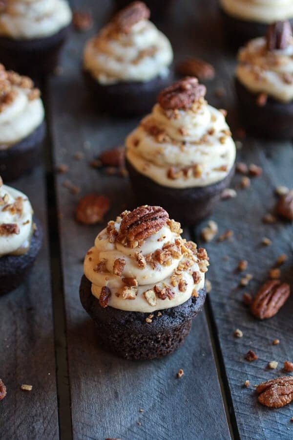 Chocolate Bourbon Pecan Pie Cupcakes with Butter Pecan Frosting | halfbakedharvest.com @hbharvest