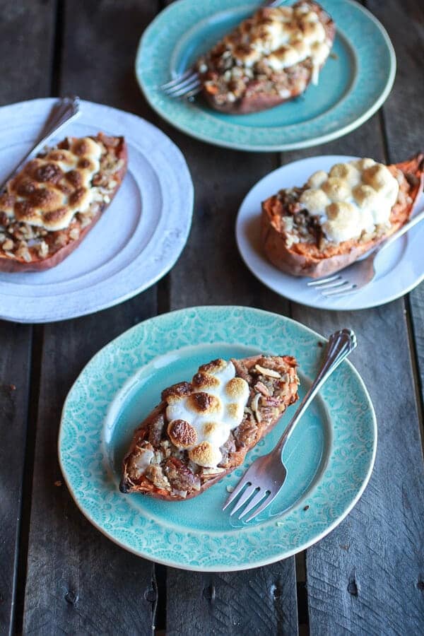 Healthier Sweet Potato Casserole Boats with Pecan Flax Crumble | halfbakedharvest.com