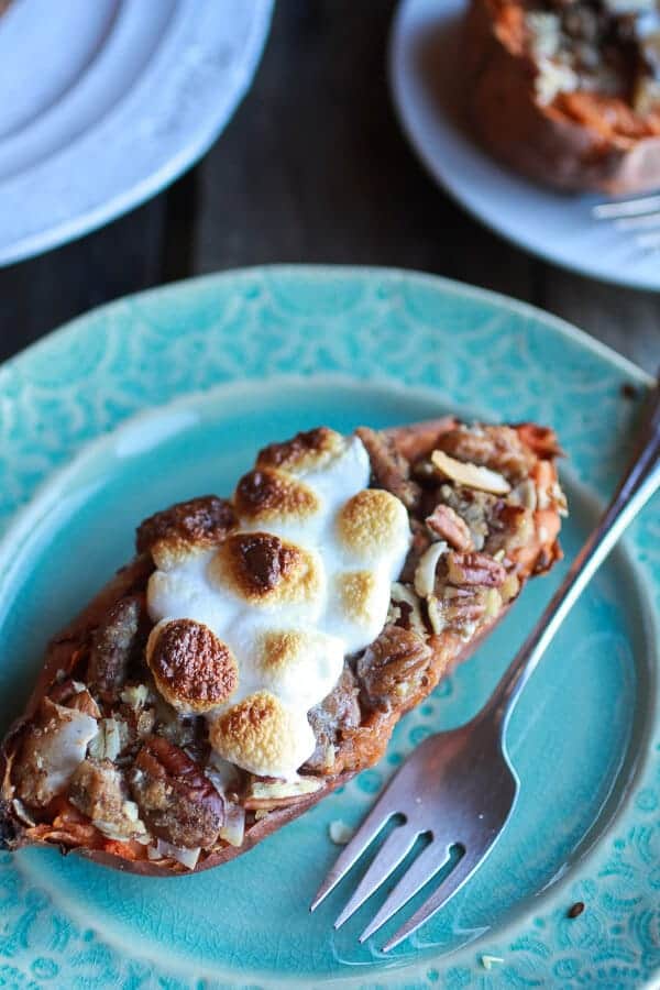 Healthier Sweet Potato Casserole Boats with Pecan Flax Crumble | halfbakedharvest.com