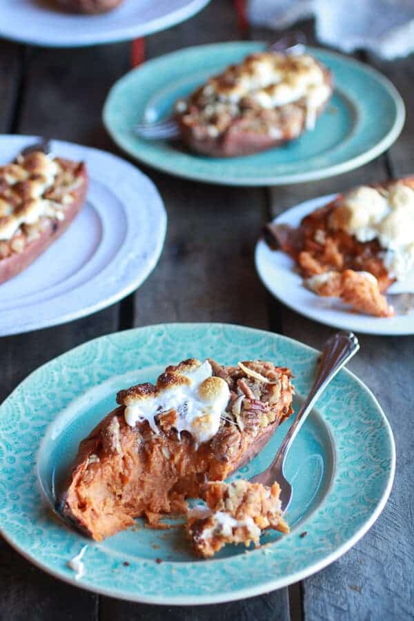 Healthier Sweet Potato Casserole Boats with Pecan Flax Crumble | halfbakedharvest.com