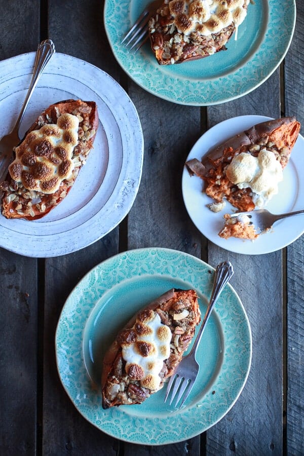 Healthier Sweet Potato Casserole Boats with Pecan Flax Crumble | halfbakedharvest.com