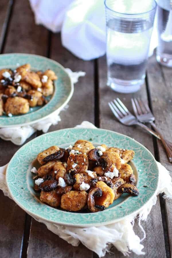 Crispy Brown Butter Sweet Potato Gnocchi with Balsamic Caramelized Mushrooms + Goat Cheese | halfbakedharvest.com
