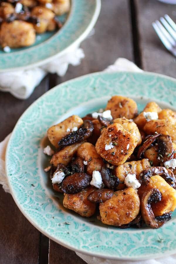 Crispy Brown Butter Sweet Potato Gnocchi with Balsamic Caramelized Mushrooms + Goat Cheese | halfbakedharvest.com