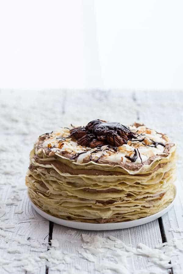 Toasted Coconut Cream Rum and Chocolate Mousse Crepe Cake | halfbakedharvest.com