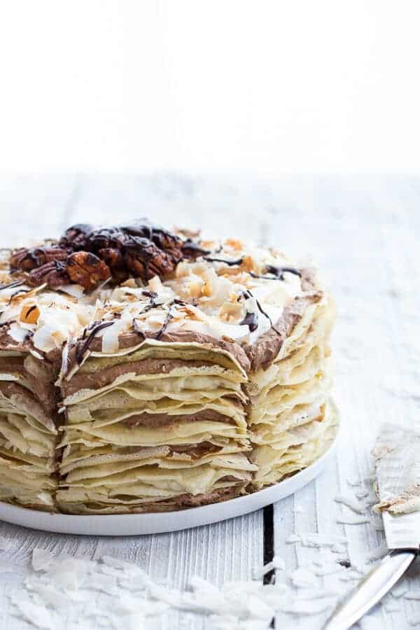 Toasted Coconut Cream Rum and Chocolate Mousse Crepe Cake | halfbakedharvest.com