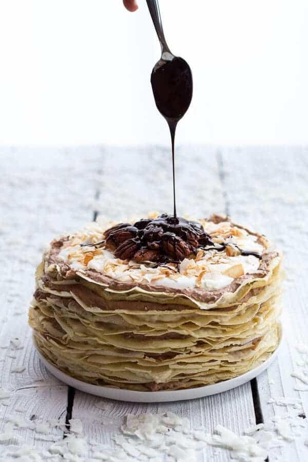 Toasted Coconut Cream Rum and Chocolate Mousse Crepe Cake | halfbakedharvest.com