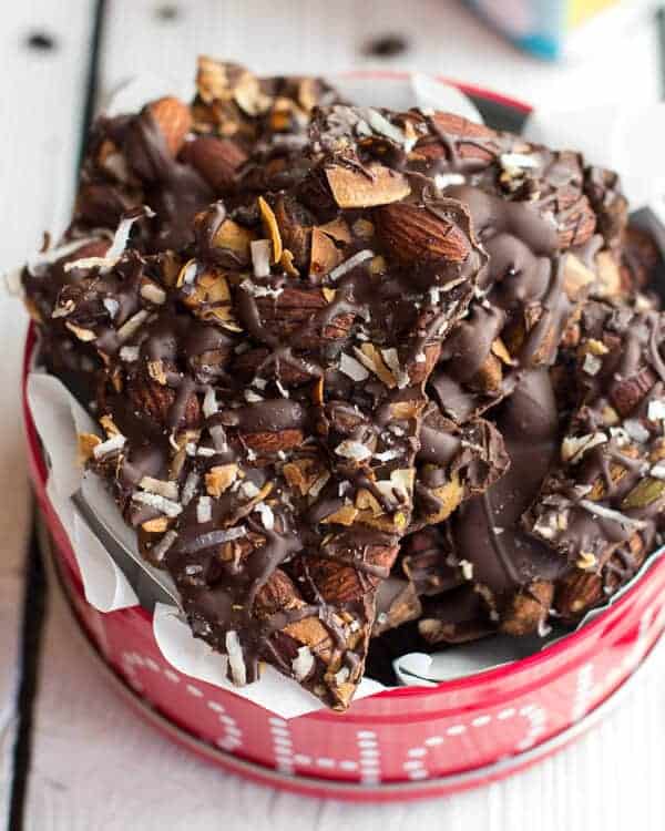 Coffee Roasted Almond + Toasted Coconut Dark Chocolate Bark | halfbakedharvest.com