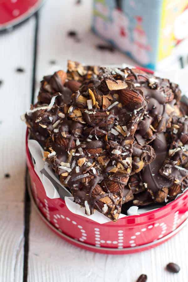 Coffee Roasted Almond + Toasted Coconut Dark Chocolate Bark | halfbakedharvest.com