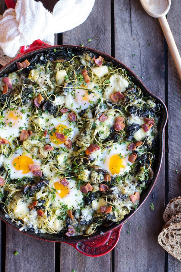 Fontina Spinach and Artichoke Breakfast Pasta Hash | halfbakedharvest.com