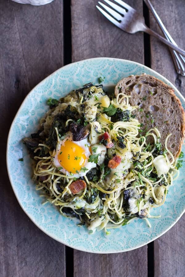 Fontina Spinach and Artichoke Breakfast Pasta Hash | halfbakedharvest.com