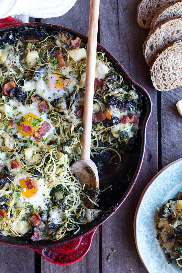 Fontina Spinach and Artichoke Breakfast Pasta Hash | halfbakedharvest.com