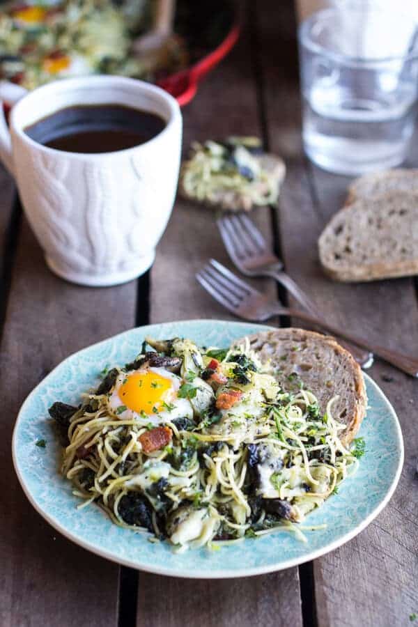 Fontina Spinach and Artichoke Breakfast Pasta Hash | halfbakedharvest.com
