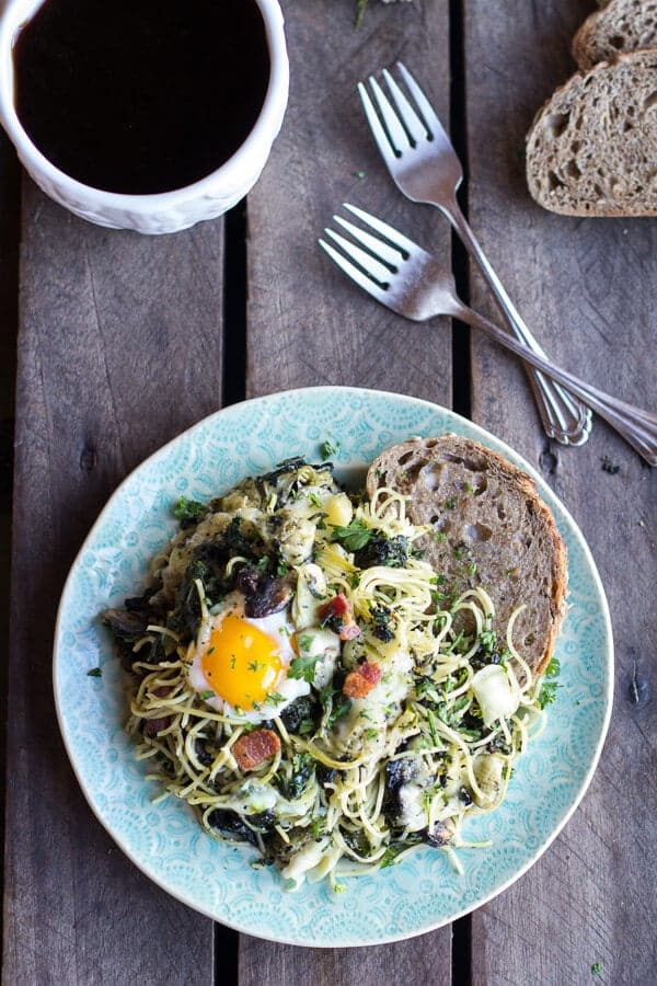 Fontina Spinach and Artichoke Breakfast Pasta Hash | halfbakedharvest.com