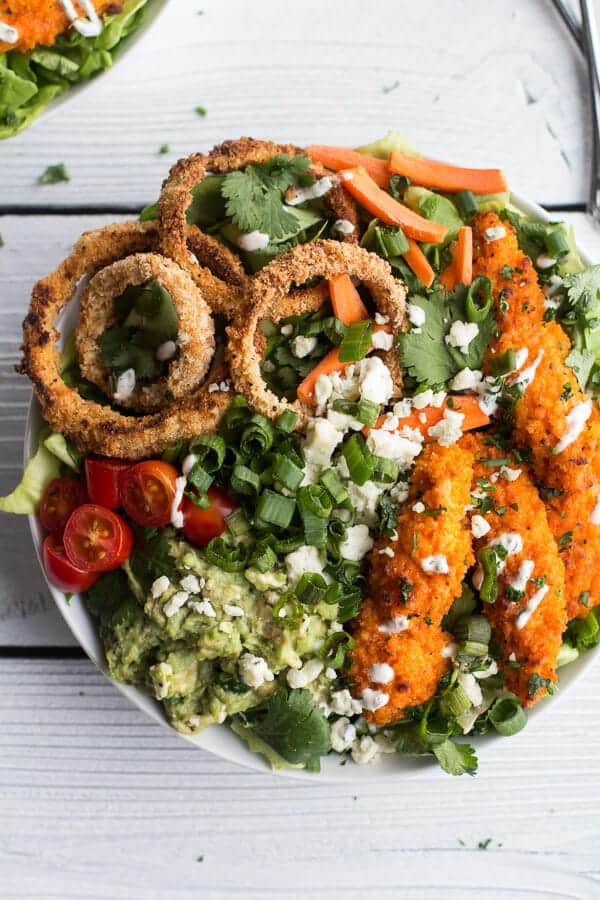 Buffalo Chicken and Crunchy Baked Onion Ring Salad with Greek Yogurt Ranch-7