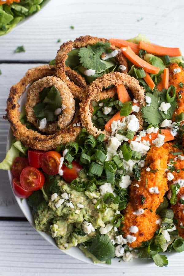 Buffalo Chicken + Blue Cheese Guacamole and Crunchy Baked Onion Ring Salad | halfbakedharvest.com