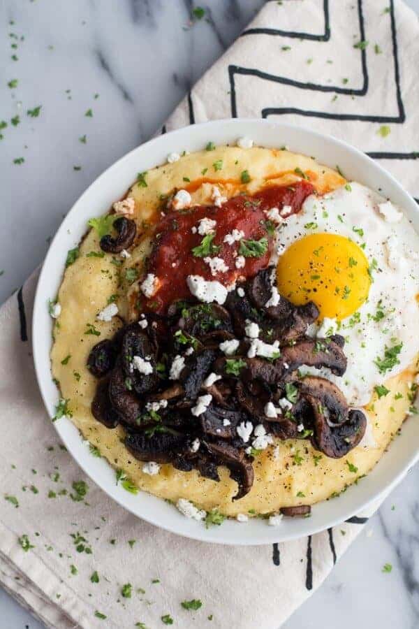 Polenta with Caramelized Mushrooms, Marinara + Fried Eggs and Goat Cheese | halfbakedharvest.com