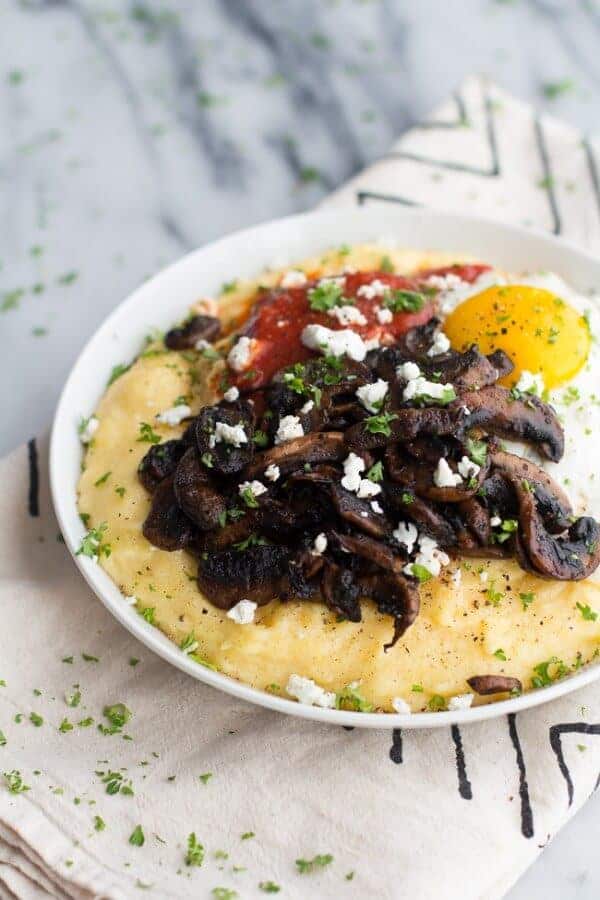 Polenta with Caramelized Mushrooms, Marinara + Fried Eggs and Goat Cheese | halfbakedharvest.com