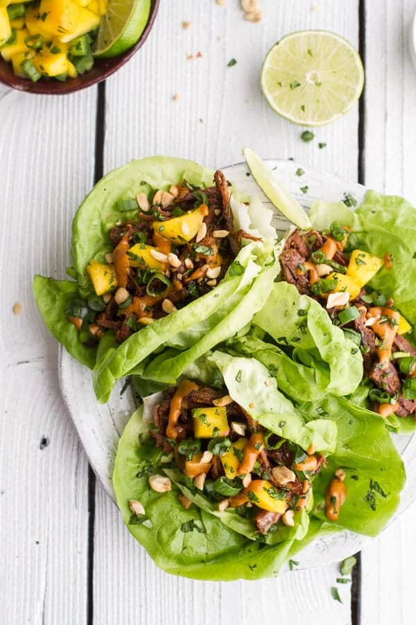 Crockpot Curried Thai Short Rib Lettuce Wraps with Peanut Sauce + Mango Salsa | halfbakedharvest.com