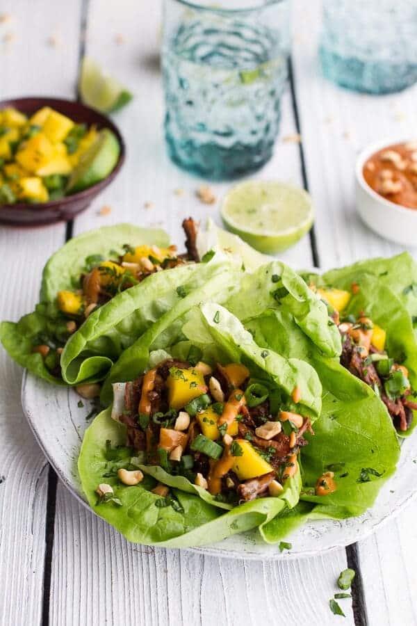 Crockpot Curried Thai Short Rib Lettuce Wraps with Peanut Sauce + Mango Salsa | halfbakedharvest.com