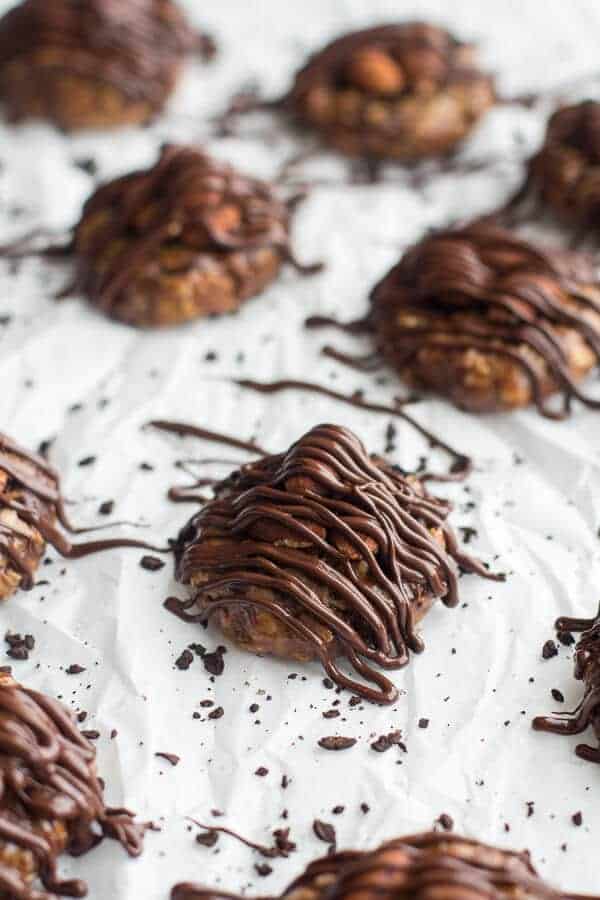 Dark Chocolate Covered Coffee Roasted Almond and Peanut Butter Oatmeal Bites | halfbakedharvest.com