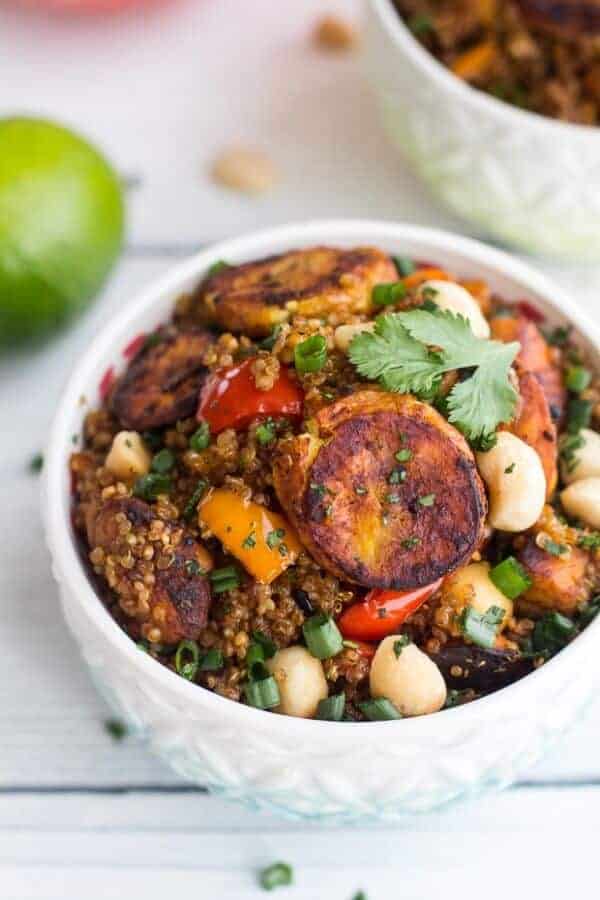Jamaican Jerk Chicken, Fried Plantain and Coconut Fried Quinoa with Macadamia Nuts | halfbakedharvest.com